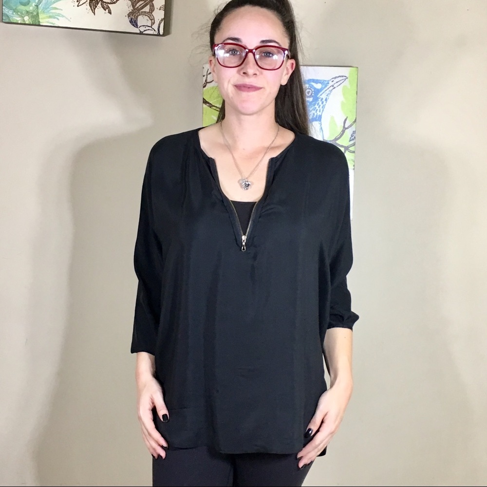 Vince Solid Black Zipper V Neck Popover Top